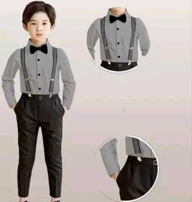 DENSIY FEBB Boys Casual Shirt Belt, Pant, Bow Tie, Suspenders(GREY+BLACK)