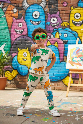 JIG AND JOG Boys Casual T-shirt Pant(DINOWHITE)