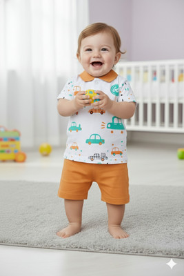 Silakaari Baby Boys & Baby Girls Casual T-shirt Shorts(Orange-White)
