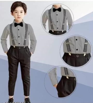 KRIYU CREATION Boys Party(Festive) Shirt Pant, Bow Tie, Suspenders(GREY)