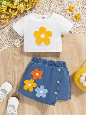 HR KIDSWEAR Girls Daisy Casual Top Skirt(White & Denim)