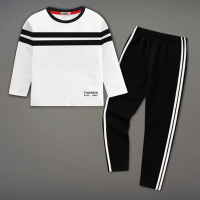 tarsier Boys Casual T-shirt Track Pants(DBL STRIPED WHITE_BK.NET PANT)