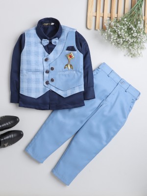 Fourfolds Boys Casual Shirt Trouser, Waistcoat, Bow Tie(Light Blue)