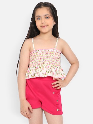 NautiNati Girls Casual Top Shorts(Beige-Pink)