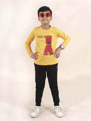 KiddoPanti Boys Casual T-shirt Track Pants(Mustard & Jet Black)