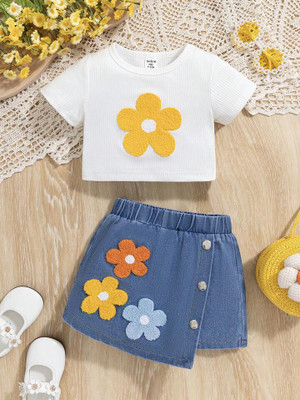 AZ AZHAN DRESSES Baby Girls Daisy Casual Top Skirt, Top(WEIHT, NEVY BLUE)