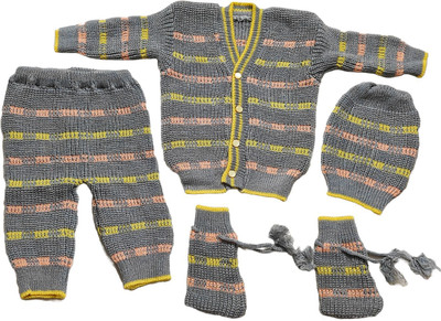 VIYODHAR Baby Boys & Baby Girls Party(Festive) Sweater Pant, Bootie, Cap(Grey)