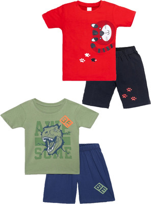 Yk Boys Casual T-shirt Shorts(Red&OilGreen)