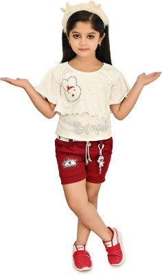 NEW BADSHA DRESSES Girls Casual Top Shorts(White, Maroon)