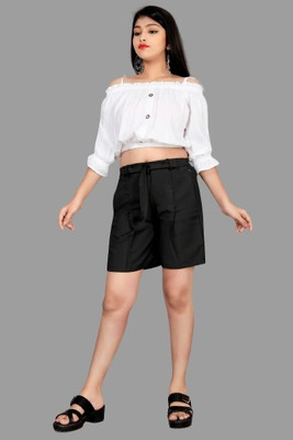 vroxa creation Girls Casual Top Shorts(white black)