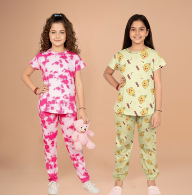 FEBVIBE Girls Casual T-shirt Pyjama(Multicolor 14)