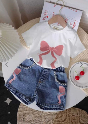 I Naina Dresses Girls Daisy Casual Top Pant(White & Denim Blue.)