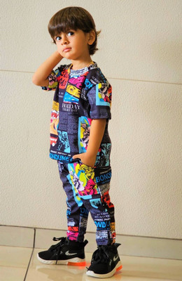 Bajuds Baby Boys & Baby Girls Party(Festive) T-shirt Track Pants(Black Malty)