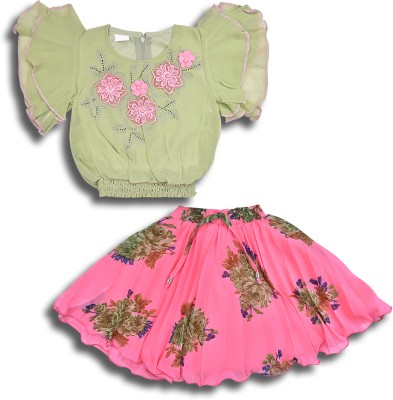 Wishkaro Baby Girls Casual Top Skirt(Green, Pink)