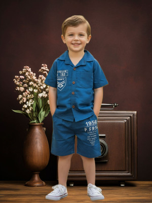 FASHION GRAB Boys Casual Shirt Shorts(Agean Blue)