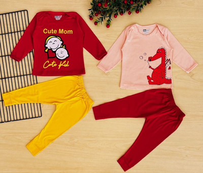 Piku Store Baby Boys & Baby Girls Casual T-shirt Track Pants(Rose Red & Peach)