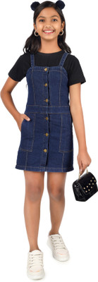 Tillu Pillu Girls Casual T-shirt Dungaree(Dark Blue & Black)