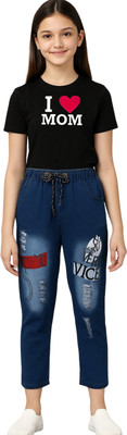 TJS FASHION Girls Casual T-shirt Jeans(Black & Blue)