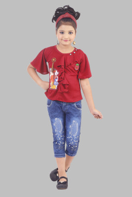 LR GIRLS Baby Girls Party(Festive) Top Jeans(Maroon)