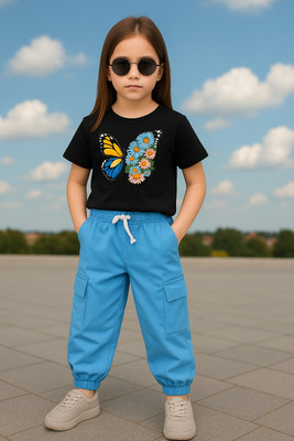 LAVASCREATION Girls Party(Festive) T-shirt Pant(Sky Blue, Black)