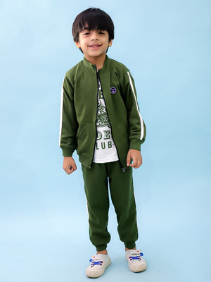 Chandrika Boys Casual T-shirt Jacket, Track Pants(OLIVE)