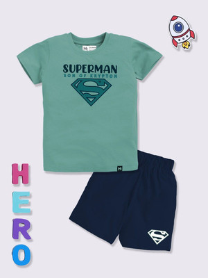 YK X Minute Mirth Boys & Girls Superman Casual T-shirt Shorts(Sea Green)