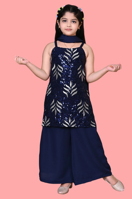 SPAMitude Girls Festive & Party Kurta, Pyjama & Dupatta Set(Blue Pack of 1)