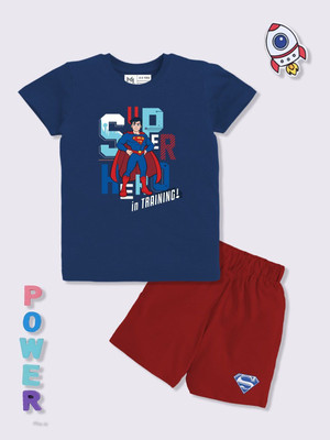 YK X Minute Mirth Boys & Girls Superman Casual T-shirt Shorts(Navy Blue)