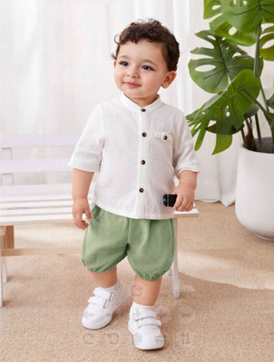 Jhrey creation Boys Casual Shirt Shorts(WHITE:GREEN)