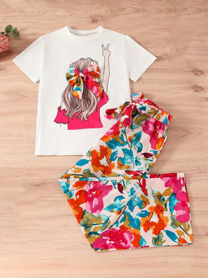 HouseOfCommon Girls Casual T-shirt Pant(White & Multicolor 1)
