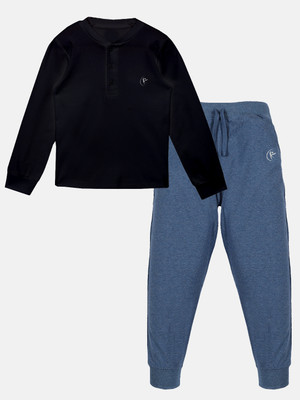 KiddoPanti Boys & Girls Casual T-shirt Track Pants(Black & Blue Melange)