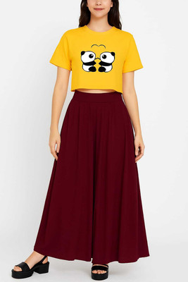Wearax Girls Casual T-shirt Trouser(YELLOW AND MAROON)