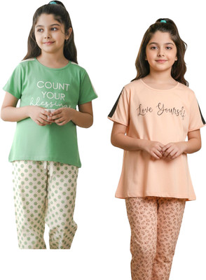 FABROYZ Girls Casual T-shirt Capri(Green & Beige)