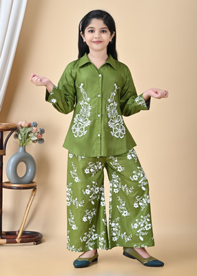 SERINA FASHION Girls Party(Festive) Shirt Pant(GREEN)