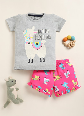 Yk Girls Casual T-shirt Shorts(Grey and Pink)