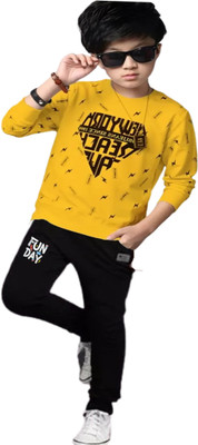 LILBITS Boys Casual T-shirt Track Pants(Mustard-Black)