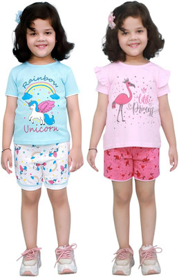 Chandrika Girls Casual T-shirt Shorts(PINK_SKYBLUE)