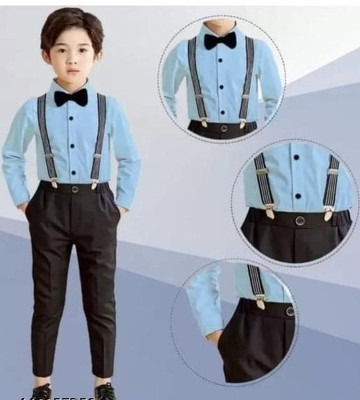 KRIYU CREATION Boys Party(Festive) Shirt Pant, Bow Tie, Suspenders(BLUE)