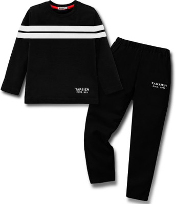 tarsier Boys Casual T-shirt Track Pants(DOUBLE STRIPE BLACK L.SLV_BK.PANT)
