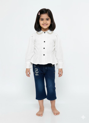 Girijesh Singh Baby Girls Party(Festive) Top Jeans(White)