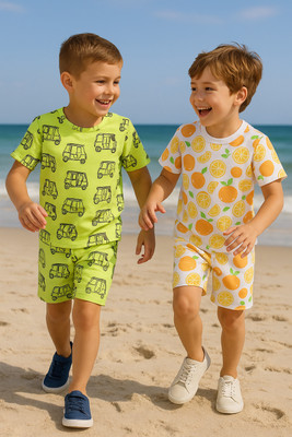 Vcloths Boys Casual T-shirt Shorts(AUTO NION+ORANGE)