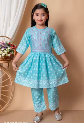 NAYSTADRESSES Girls Party(Festive) Kurta Pyjama(SKY BLUE)