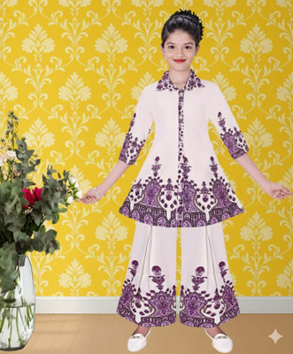 Huma Collections Girls Party(Festive) Kurta Pyjama(Fancy Girls Co-ords Set | Stylish Top & Palazzo Dress for Kids (4–12 Years) | Party Wear Cream with Gray & Pink Prints)