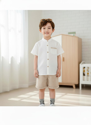 Valam Boys Casual Shirt Shorts(White & Brown)