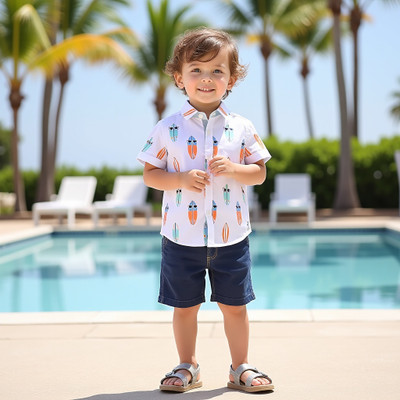 D MON VY Boys Casual Shirt Shorts(WHITE SHARK NAVY)