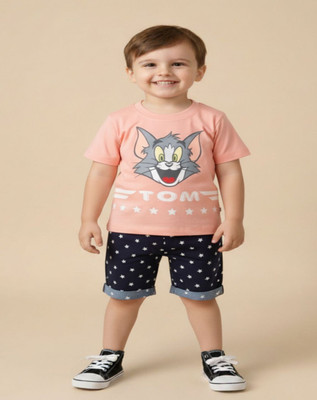 OUTFITforkids Baby Boys & Baby Girls Casual T-shirt Shorts(Pink & Navy Blue)