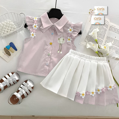 Sana Clothing Girls Party(Festive) Shirt Skirt(Pink, White)