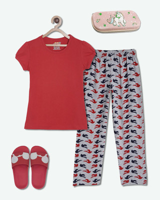 SINI MINI Girls Casual Pyjama Sleepsuit(RED_2SPA)