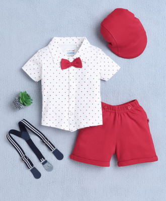 BUMZEE Boys Party(Festive) Shirt Shorts, Suspenders, Cap(White & Red)