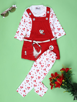 V-MART Baby Girls Casual T-shirt Dungaree(Coral)